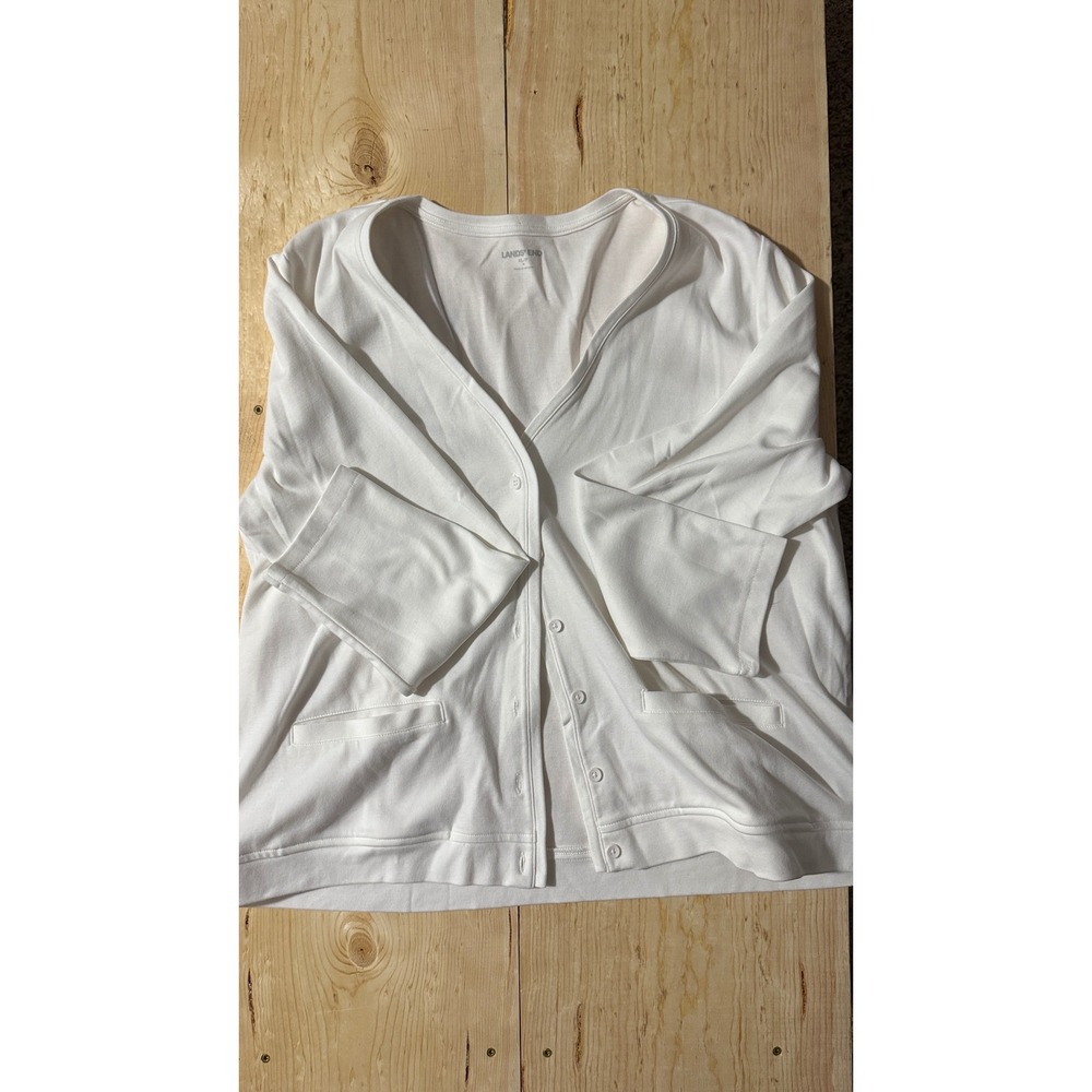 Lands End White Button Front V-Neck Cardigan Sweater XL Petite Cotton Blend